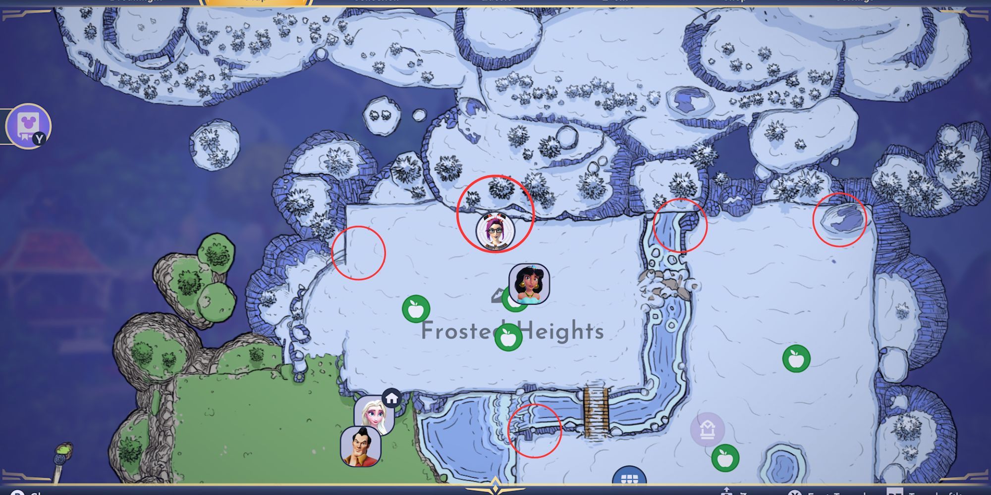 Snow pedestal symbol map locations in the Frosted Heights in Disney Dreamlight Valley Hot and Cold quest