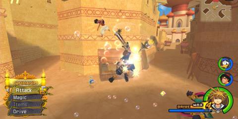 Sora, Aladdin and Donald slaying some Heartless in Agrabah.