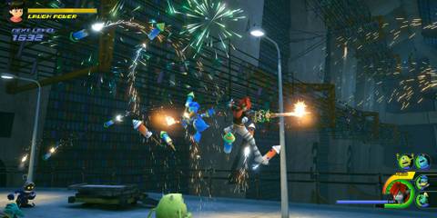 Sora and Donald using a command attack in Monstropolis.