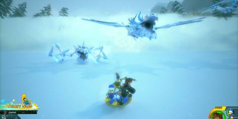Sora, Donald and Goofy escaping from a bunch of Frost Serpents in Arendelle.