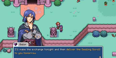 Speaking to Balor about the Sealing Scroll in Fields of Mistria