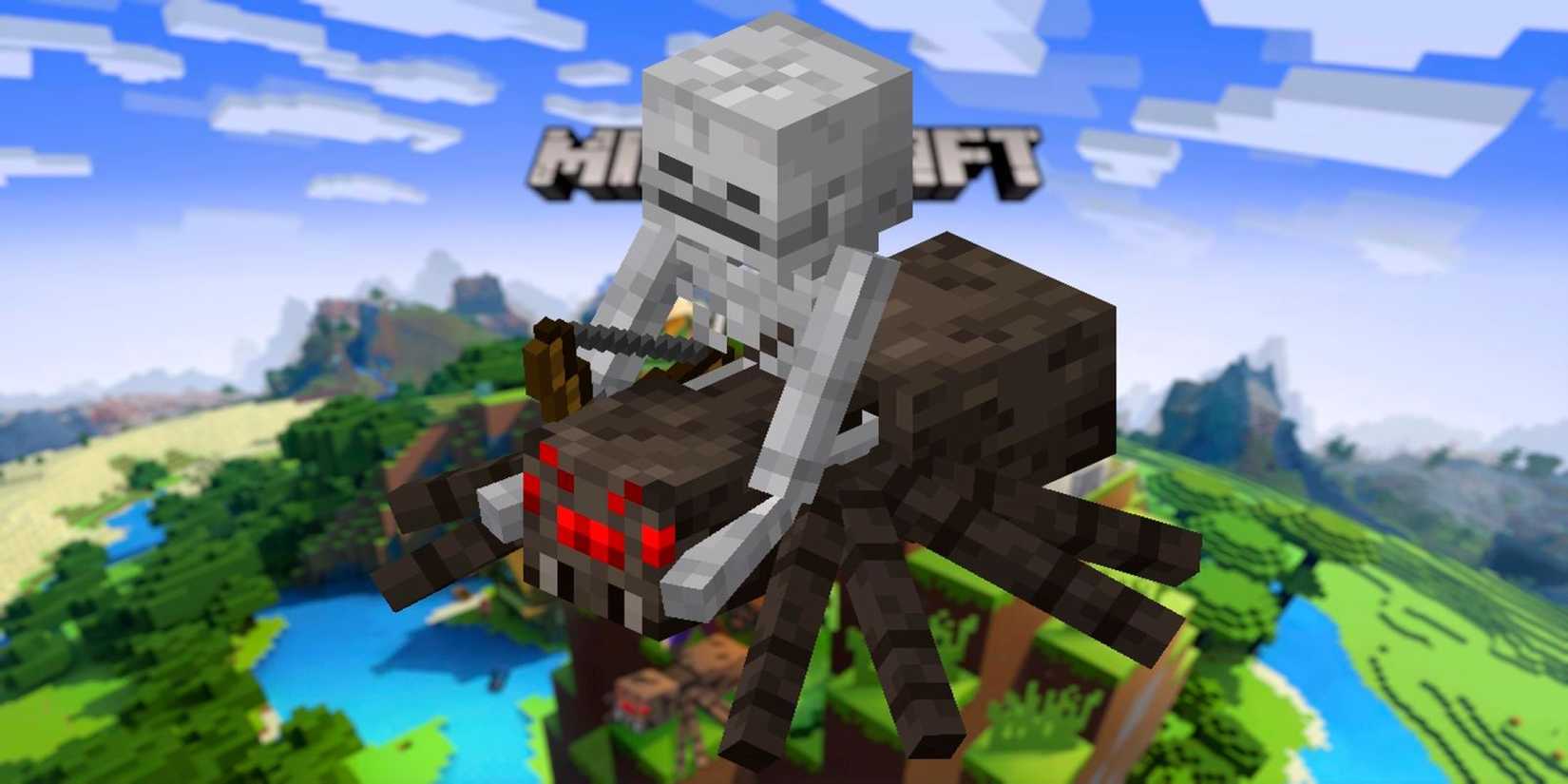 Spider jockey in front of Minecraft title screen