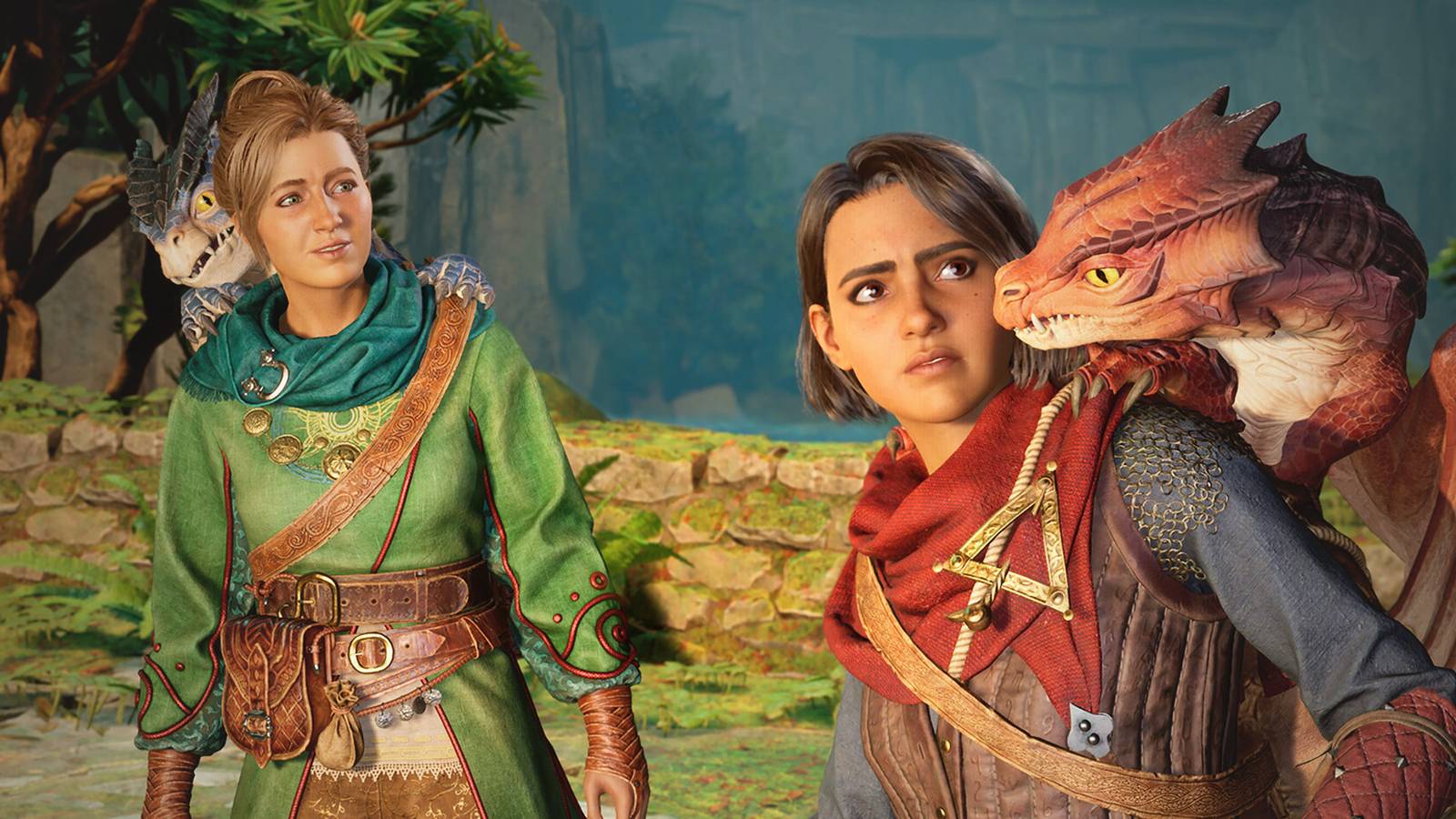 Split Fiction promo gameplay screenshot small dragons sitting on protagonists' shoulders