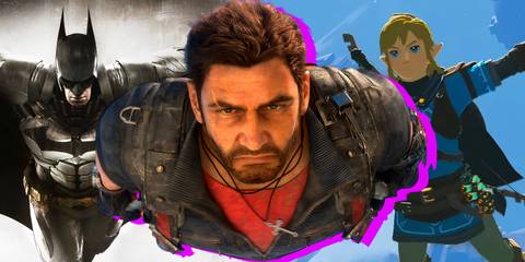 Split image of Batman Arkham Knight, Just Cause 3, and The Legend Of Zelda Tears Of The Kingdom