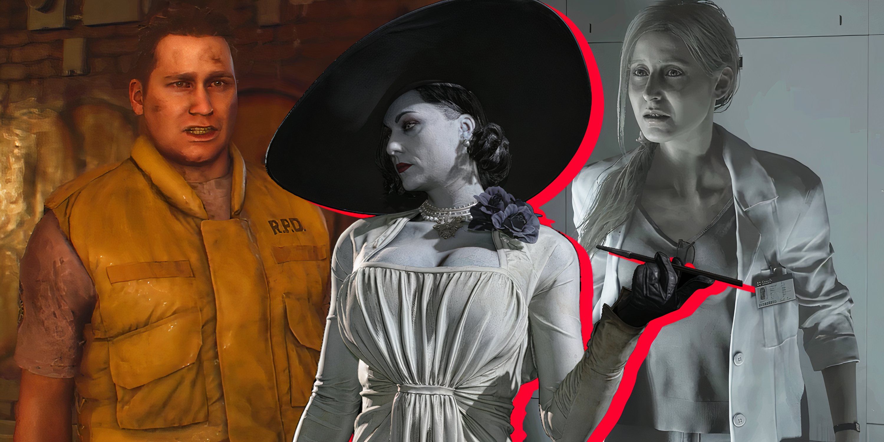 Split image of Brad Vickers, Lady Dimitrescu, and Annette Birkin in Resident Evil games