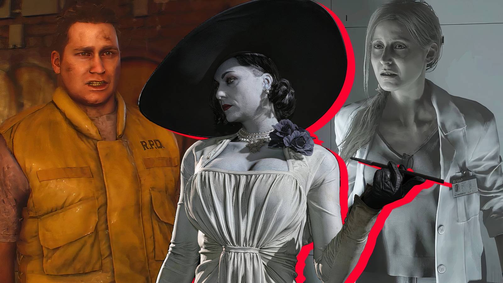 Split image of Brad Vickers, Lady Dimitrescu, and Annette Birkin in Resident Evil games