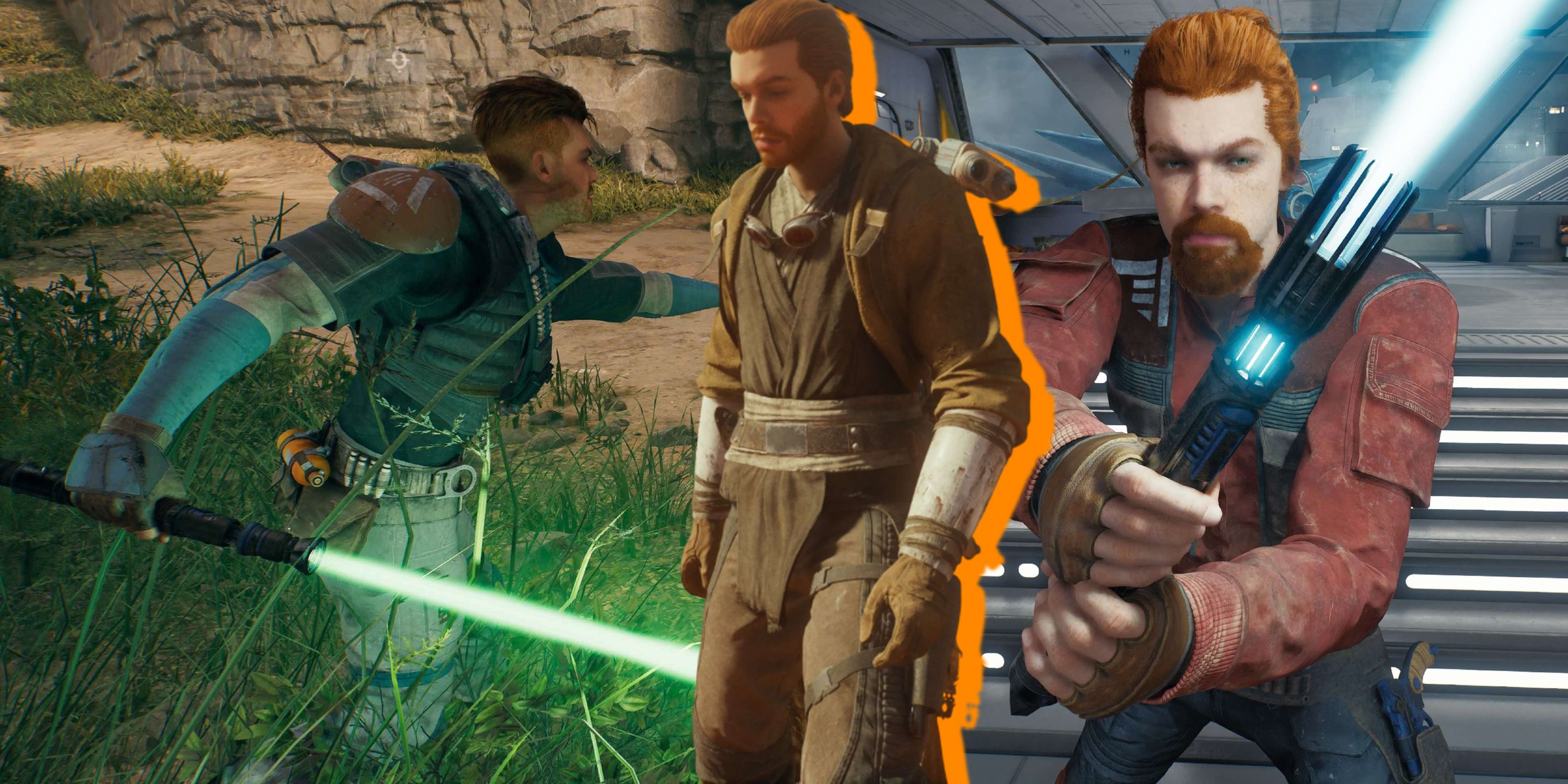 Split image of Cal Kestis with various set ups in Star Wars Jedi Survivor