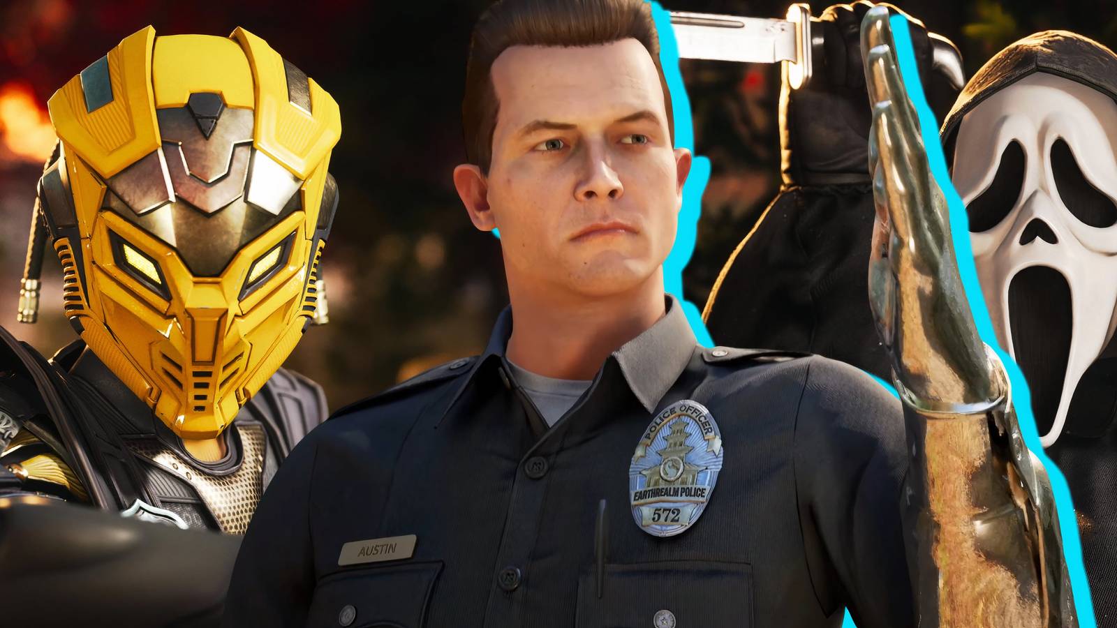 Split image of Cyrax, the T-1000, and Ghostface from Mortal Kombat 1