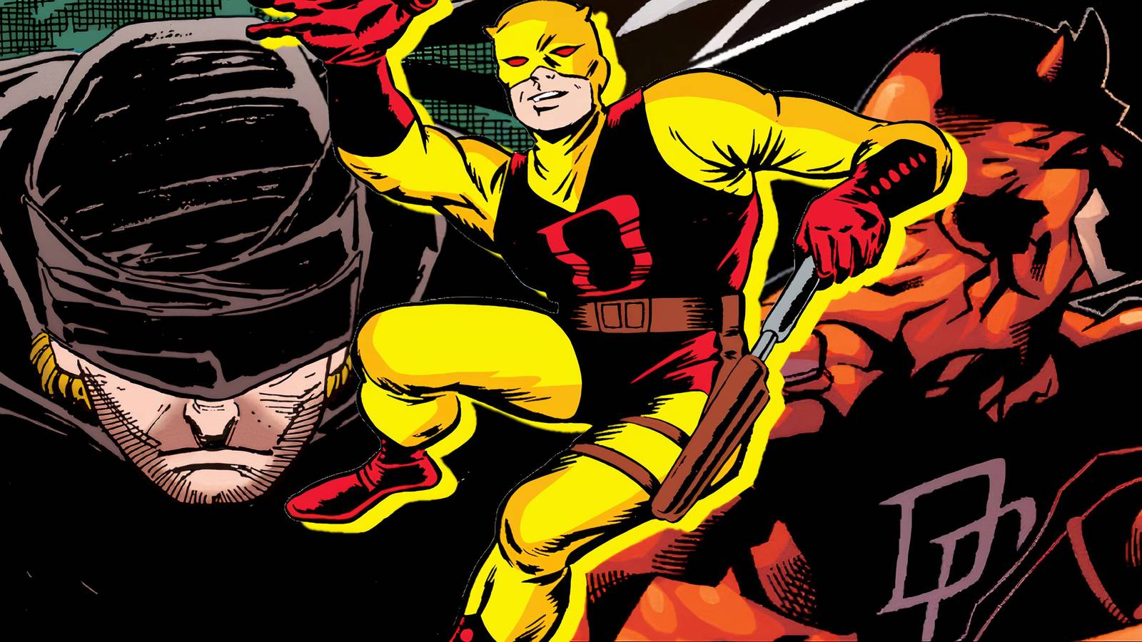 Split image of Daredevil in his black, yellow, and red suits in Marvel Comics