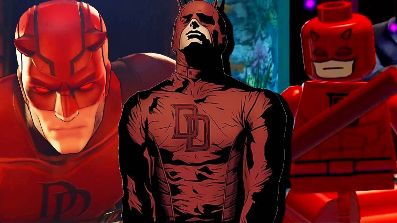 Split image of Daredevil in Marvel Ultimate Alliance 3 The Black Order, Marvel Nemesis Rise Of The Imperfects, and LEGO Marvel Super Heroes 2