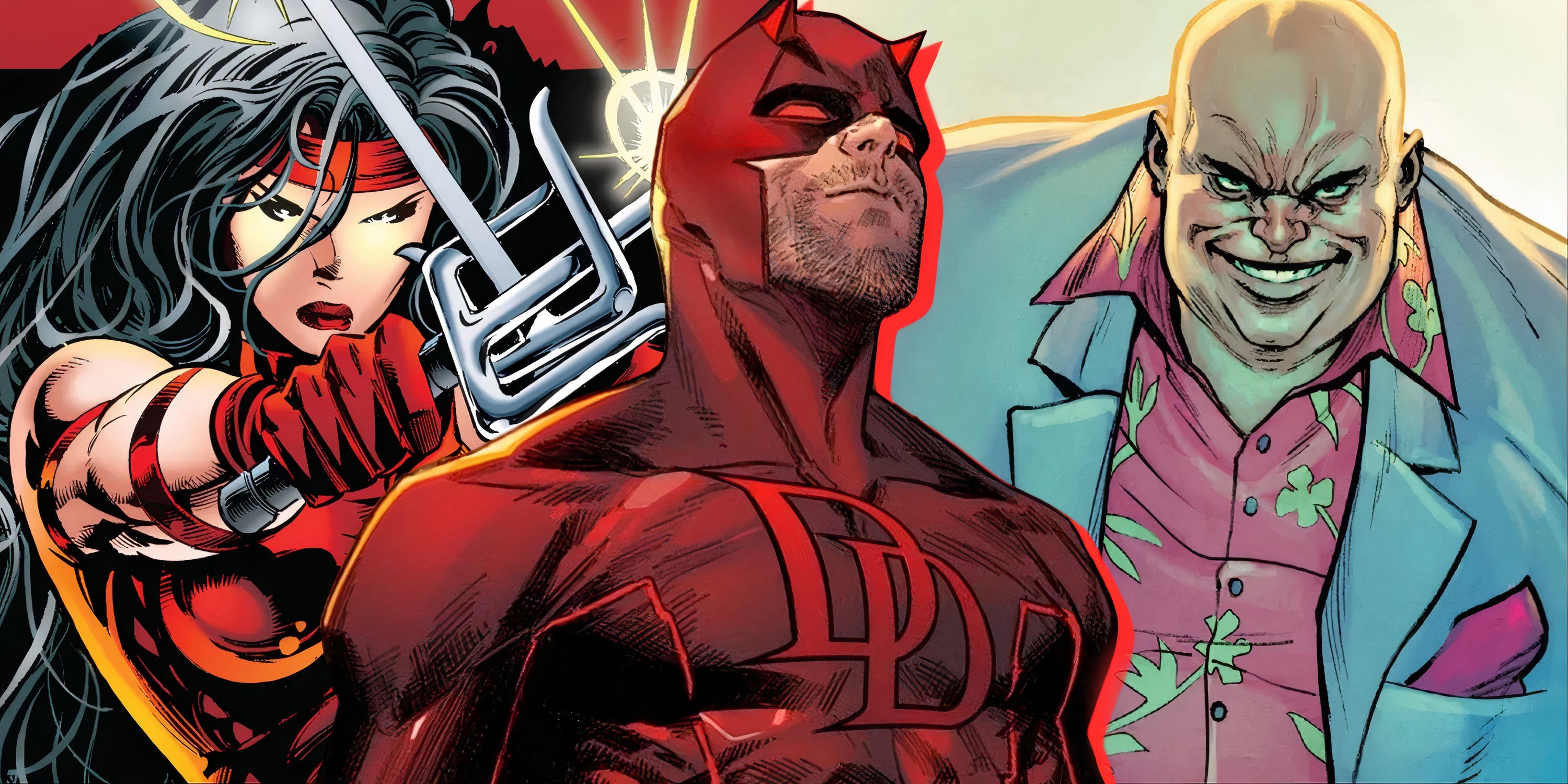 Split image of Elektra, Daredevil, and Kingpin in Marvel Comics