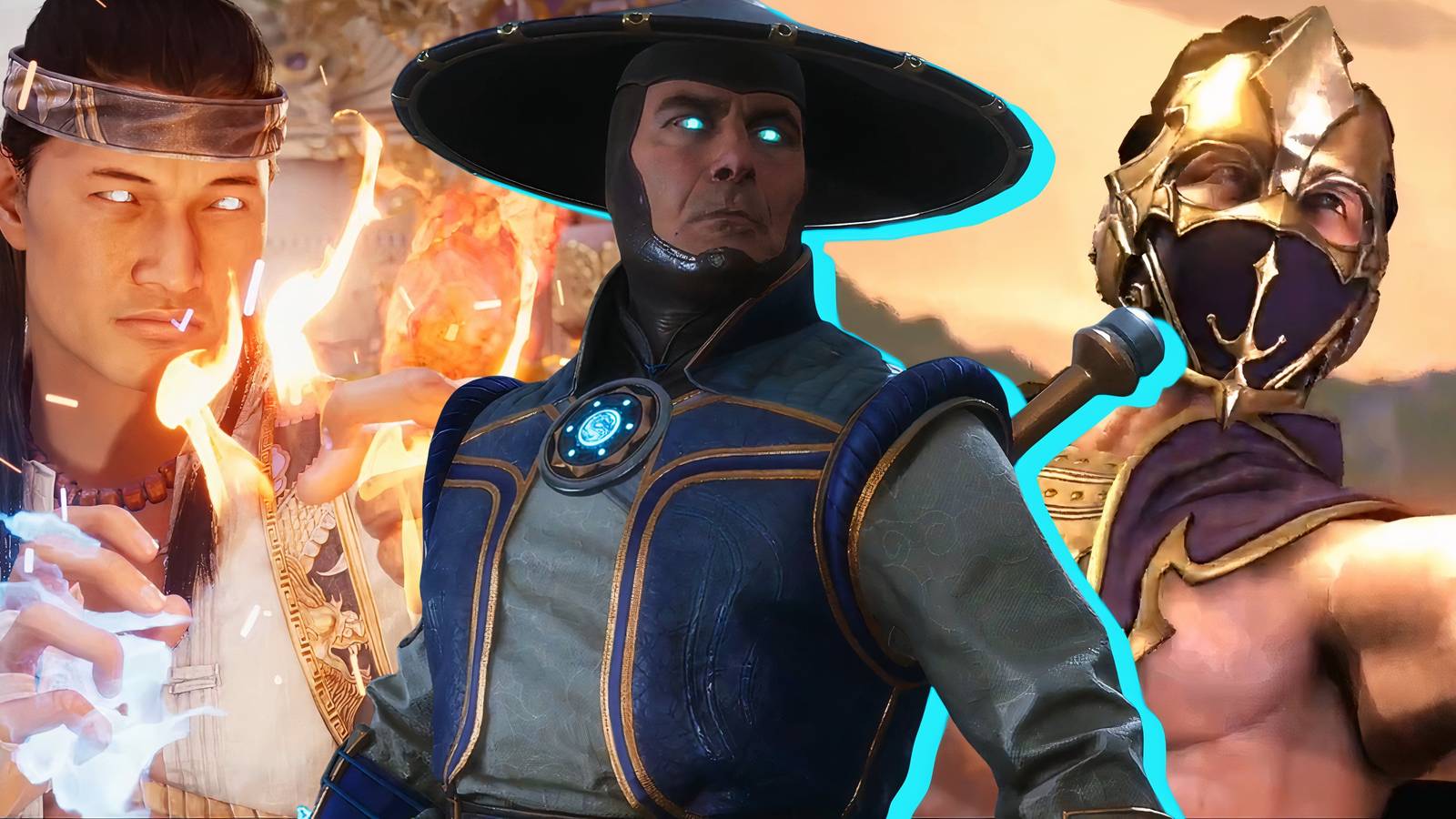 Split image of Fire God Liu Kang, Raiden, and Rain in Mortal Kombat games