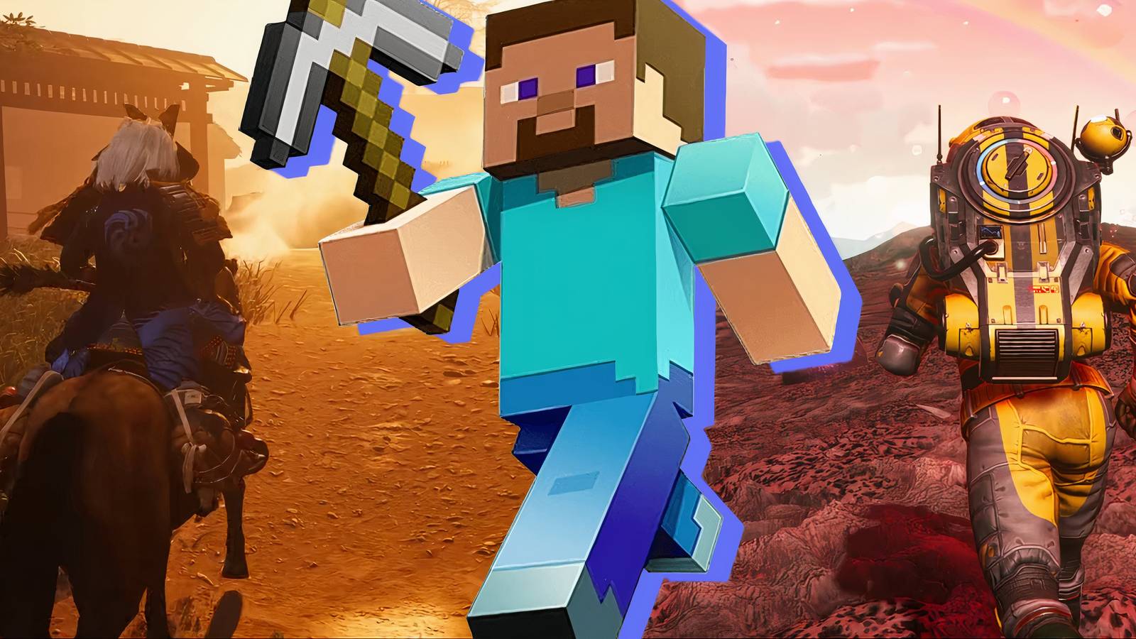 Split image of Ghost Of Tsushima, Minecraft, and No Man's Sky