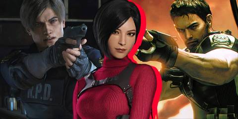 Split image of Leon Kennedy, Ada Wong, and Chris Redfield in Resident Evil games