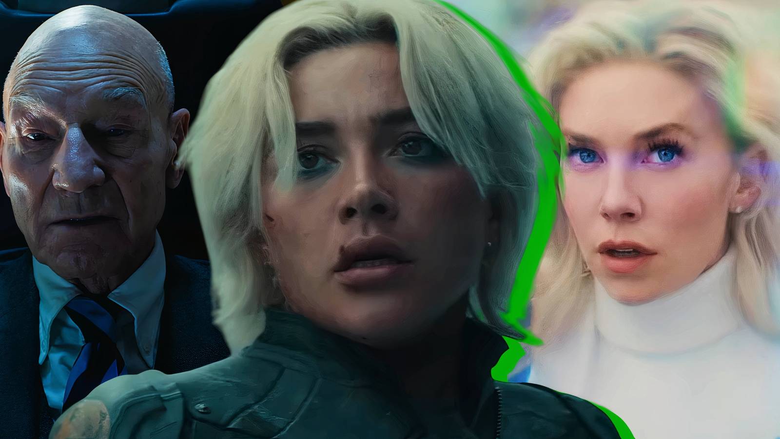 Split image of Professor X, Yelena Belova, and Invisible Woman from the Marvel Cinematic Universe