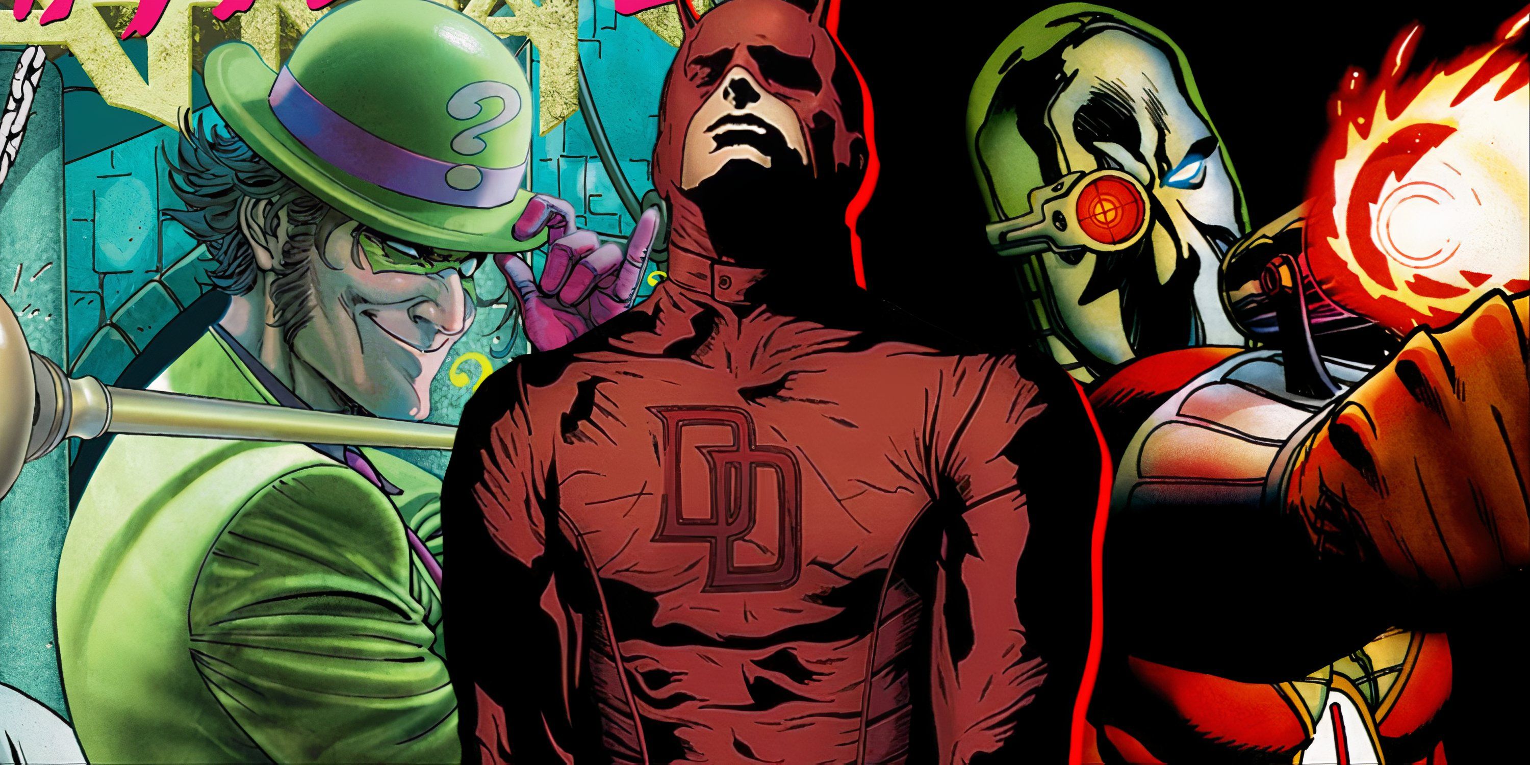 Split image of Riddler, Daredevil, and Deadshot