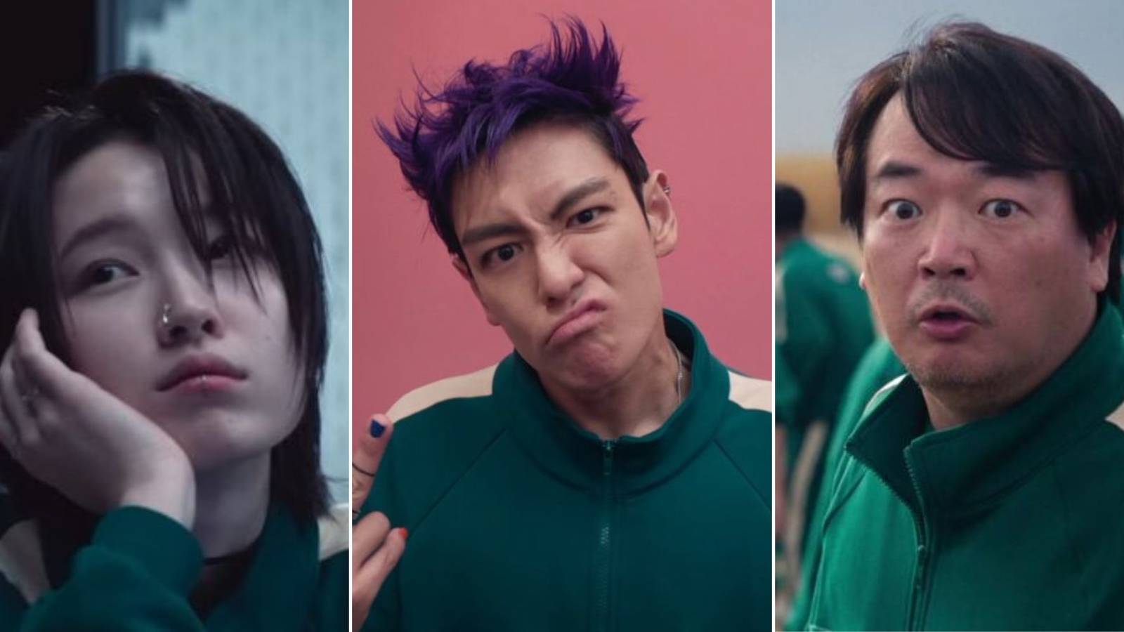 A collage of three Squid Game characters that should have survived for longer: Se-Mi, Thanos and Park Jung-bae.