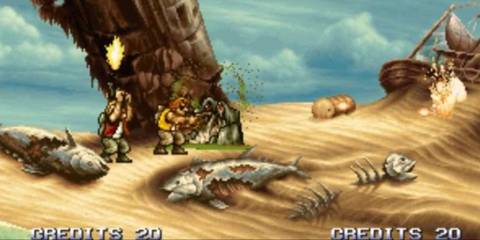 Standing on a beach and shooting a gun in Metal Slug 3