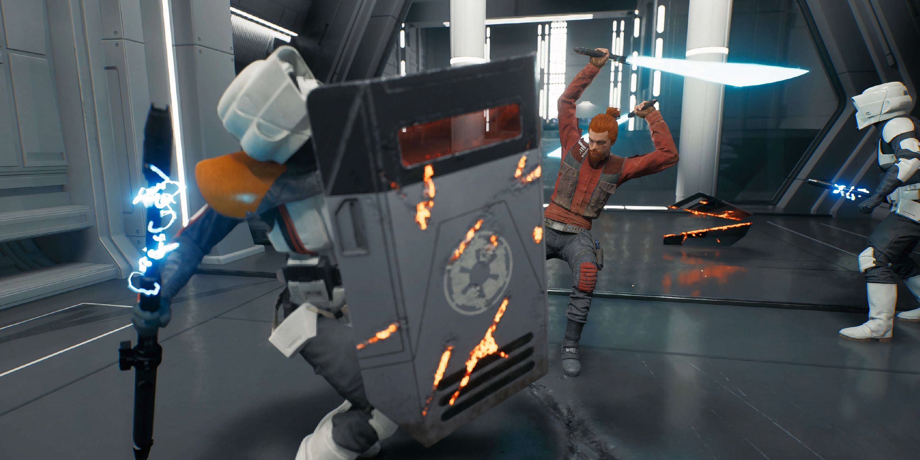 Cal Kestis fighting shielded Scout Troopers in Star Wars Jedi: Survivor