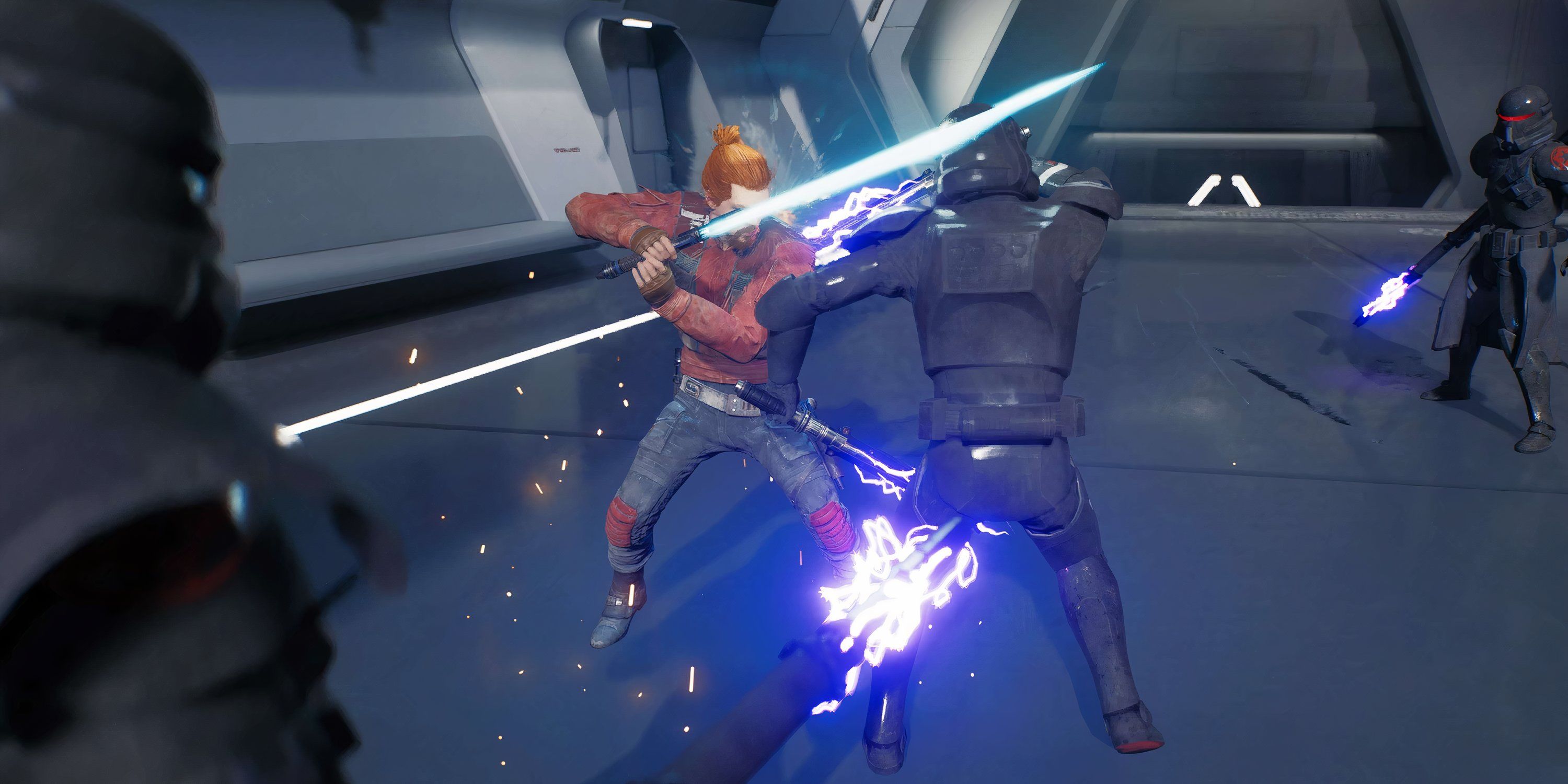 Cal Kestis blocking attacks from Purge Troopers in Star Wars Jedi: Survivor