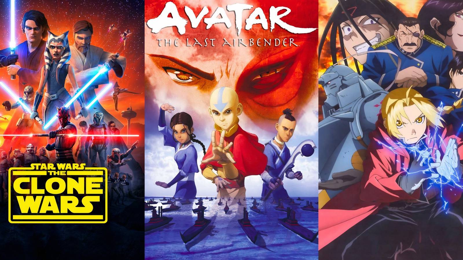 Star Wars The Clone Wars, Avatar The Last Airbender, and Fullmetal Alchemist Brotherhood posters