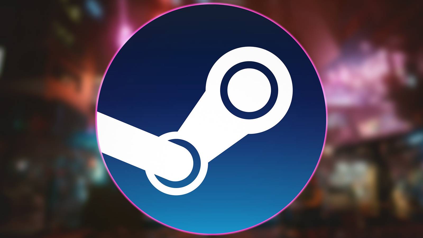 Steam logo with glowing purple outline over blurred Cyberpunk 2077 Night City promo screenshot