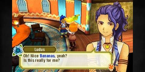 Story of Seasons Trio of Towns gifting bananas to Ludus
