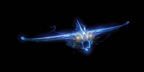 Ghost leviathan shining in the darkness while swimming towards viewer