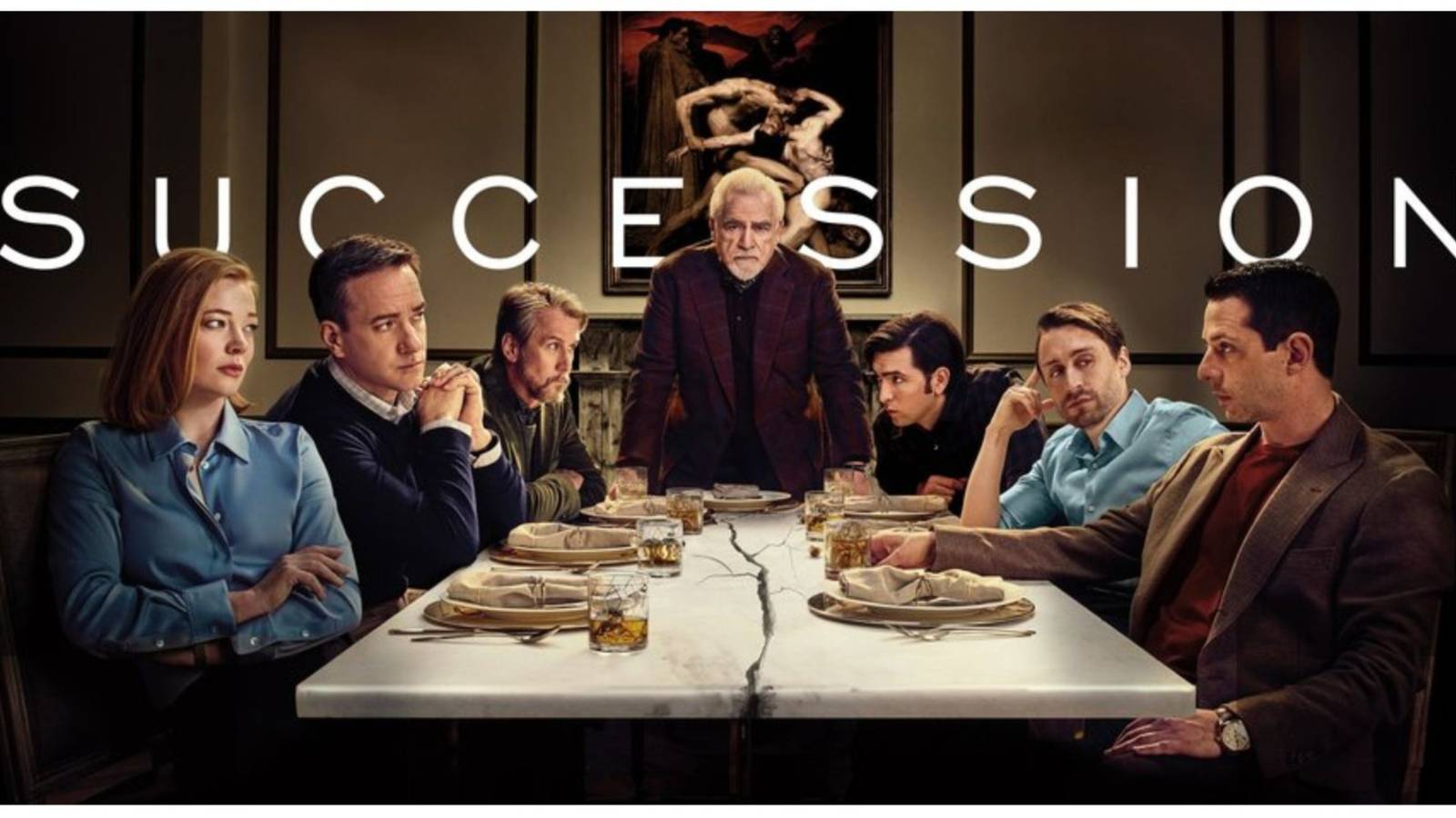 Succession Tom, Kendall, Greg, Connor, Roman, Logan, and Shiv dinner