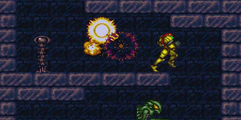 Samus traversing through a corridor in Super Metroid