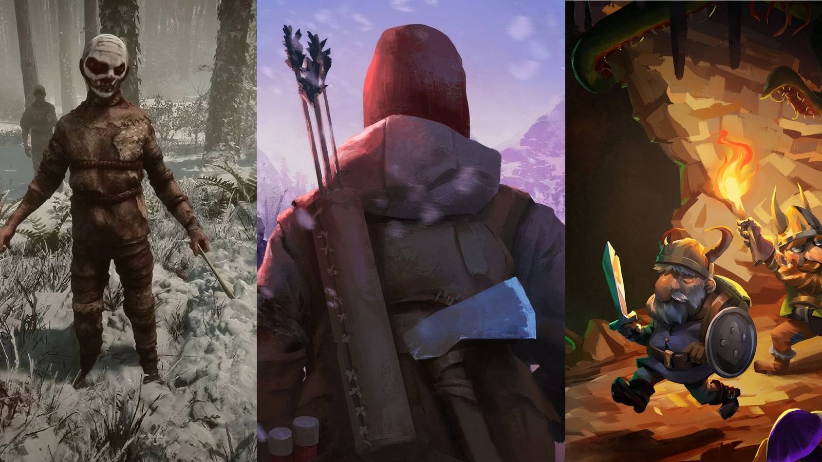 Feature image depicting Sons of the Forest, The Long Dark, and Dwarf Fortress