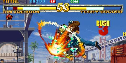 Terry punching Kim in Garou Mark of the Wolves