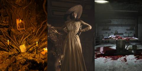 kholat image on left, lady dimitrescu in middle and a corpse from outlast on right