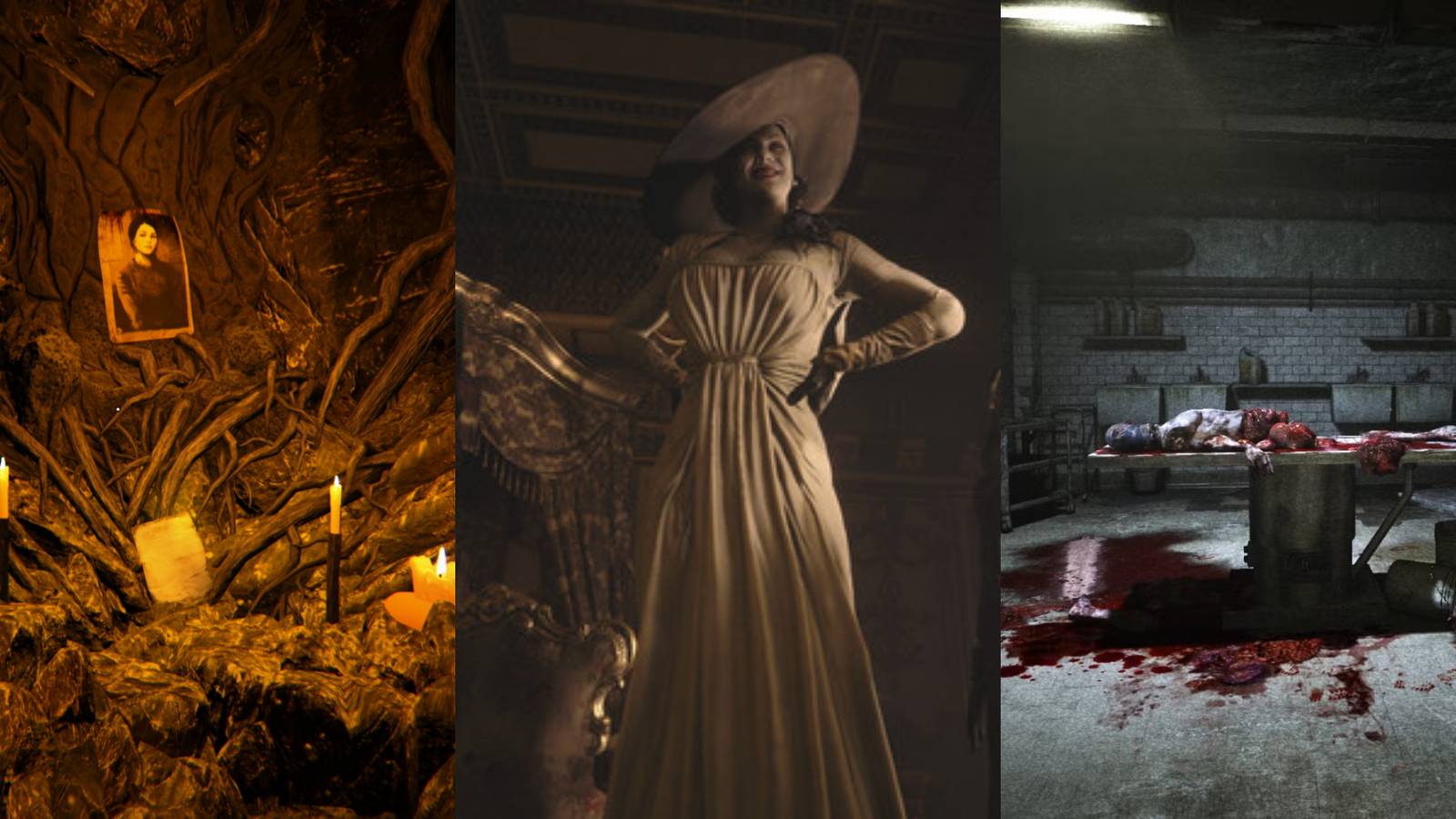 kholat image on left, lady dimitrescu in middle and a corpse from outlast on right