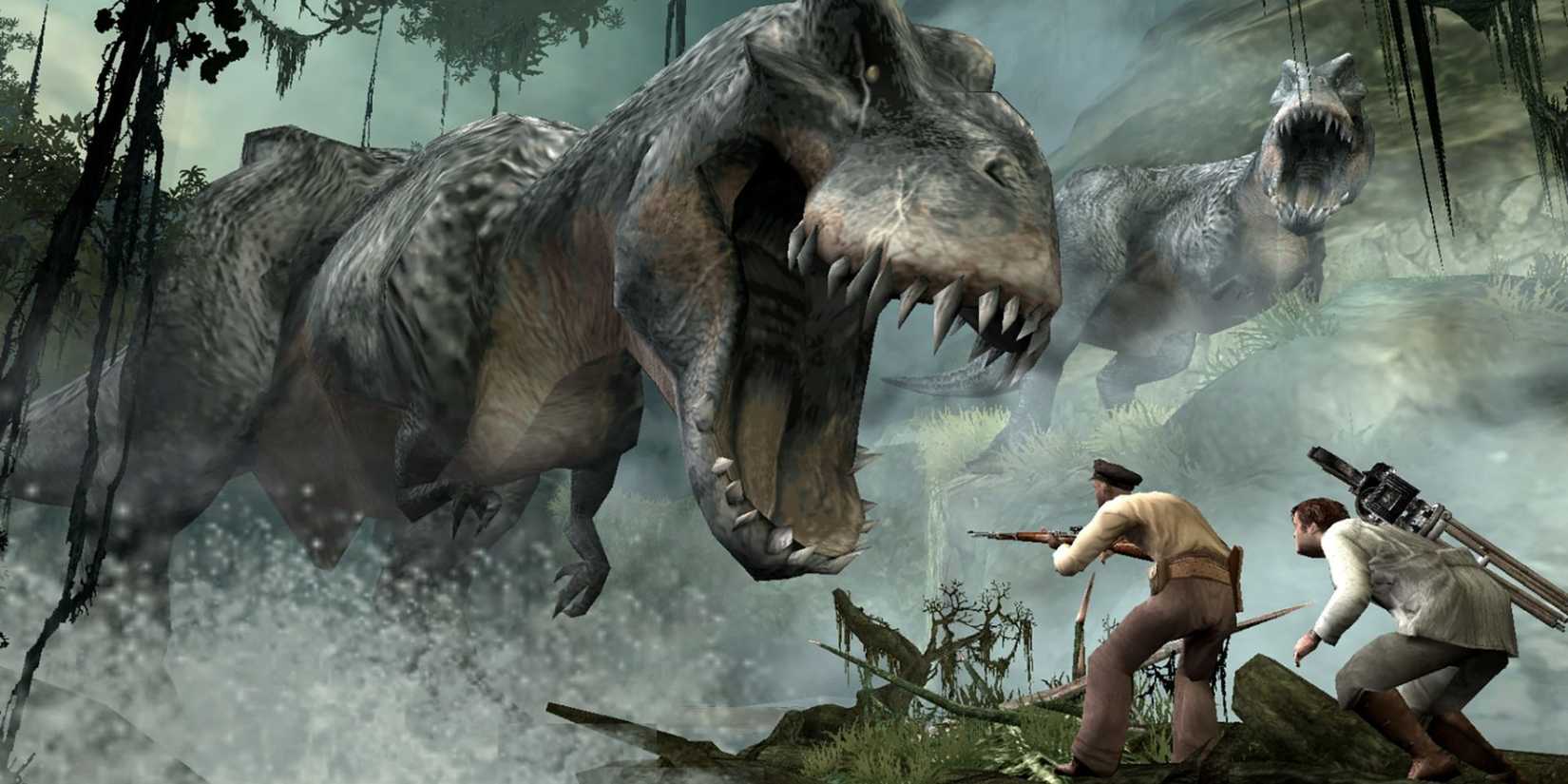 The crew encounters a horde of V-Rexes.