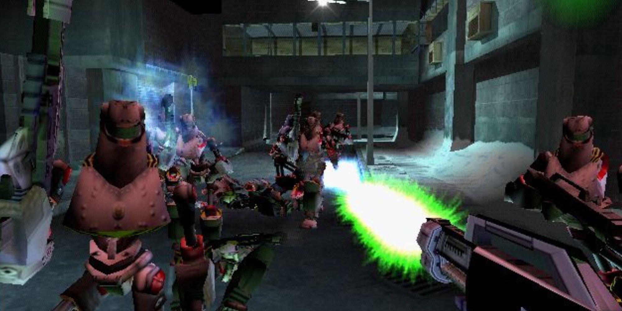The main character shooting at some enemies.