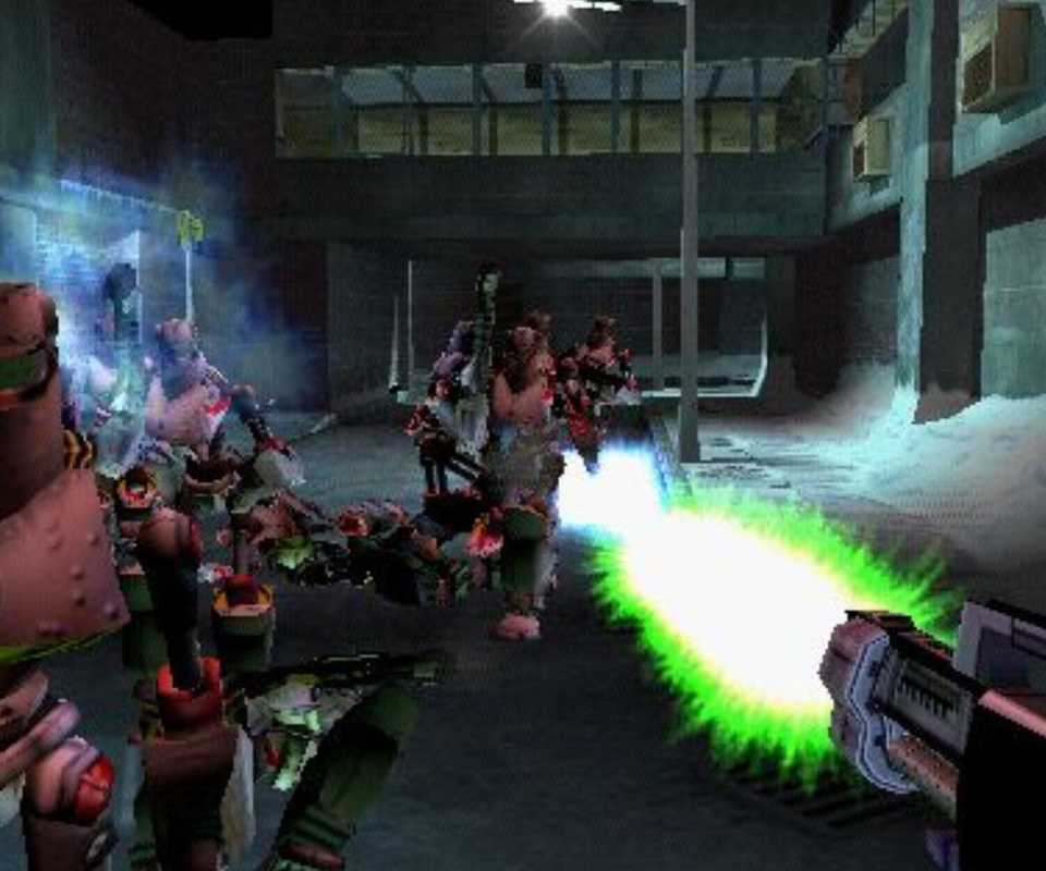 The main character shooting at some enemies.