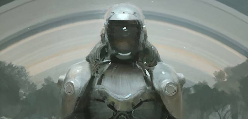 An illustration of android Murderbot in his full protective suit and helmet from Martha Wells' Murderbot Diaries book