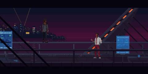 the red strings club talking on the bridge