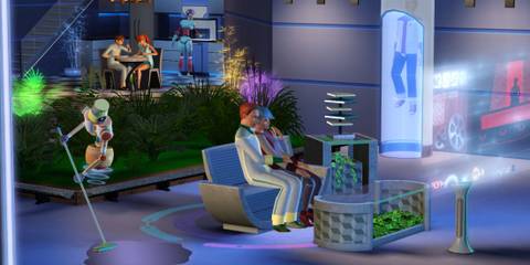 The Sims 3 couple relaxing together in a futuristic setting