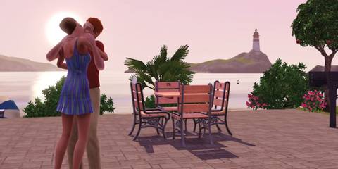 The Sims 3 two sims kissing by the sea