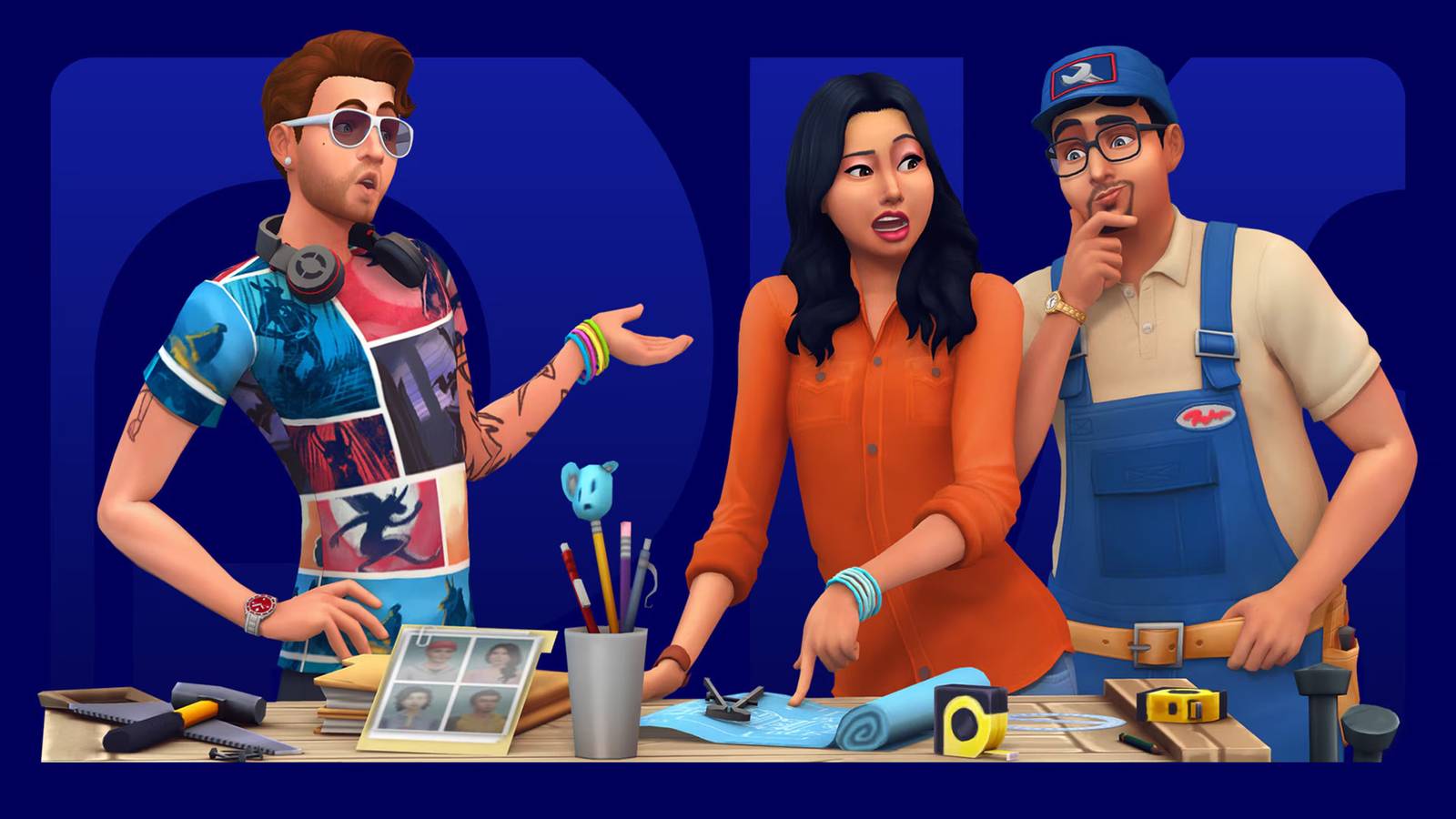 The Sims 4 three characters on dark blue background
