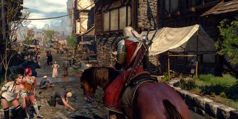 The Witcher 3 Wild Hunt promo image of Geralt riding through Novigrad