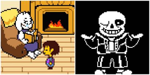 Split image of Toriel and the main character and Sans in Undertale