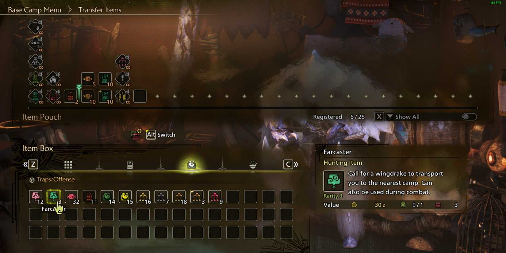 transferring a farcaster from the item box to the item pouch in monster hunter wilds