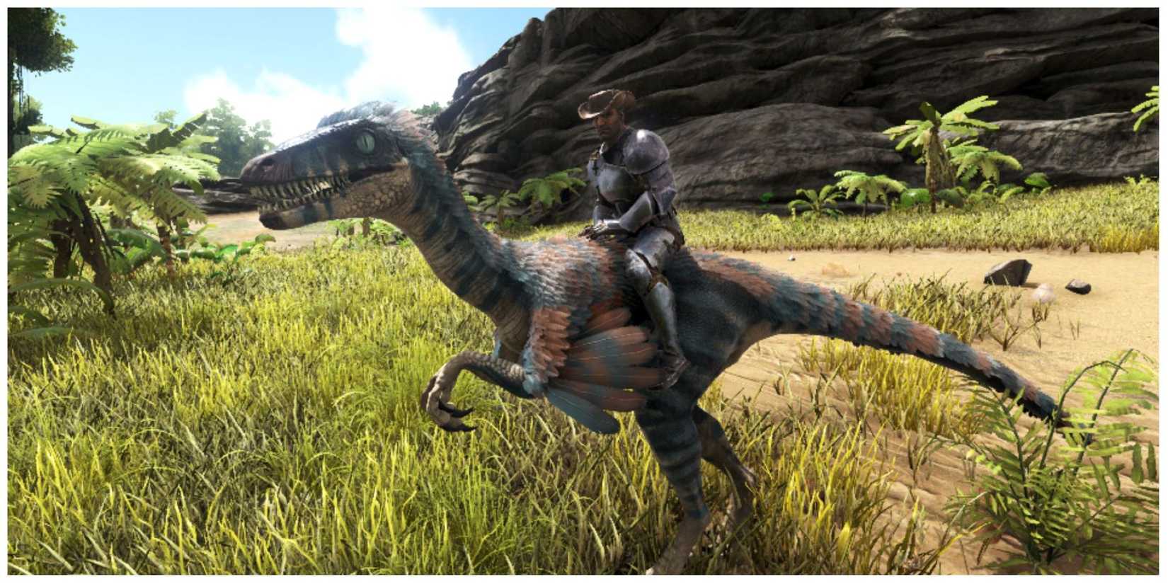Troodon being ridden by player in grassland