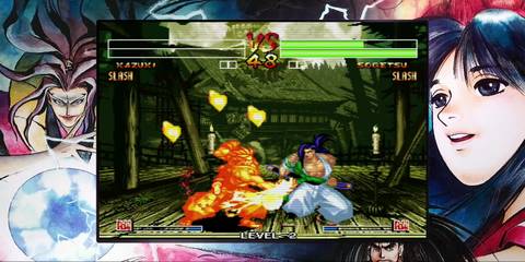 Two characters figting each other in Samurai Shodown