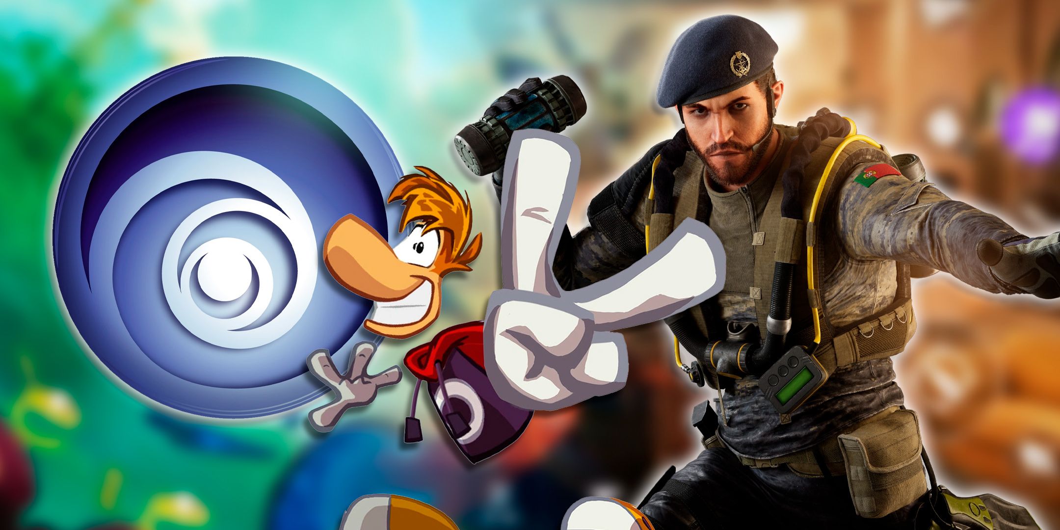 Ubisoft Logo next to Rayman and Siege Operator