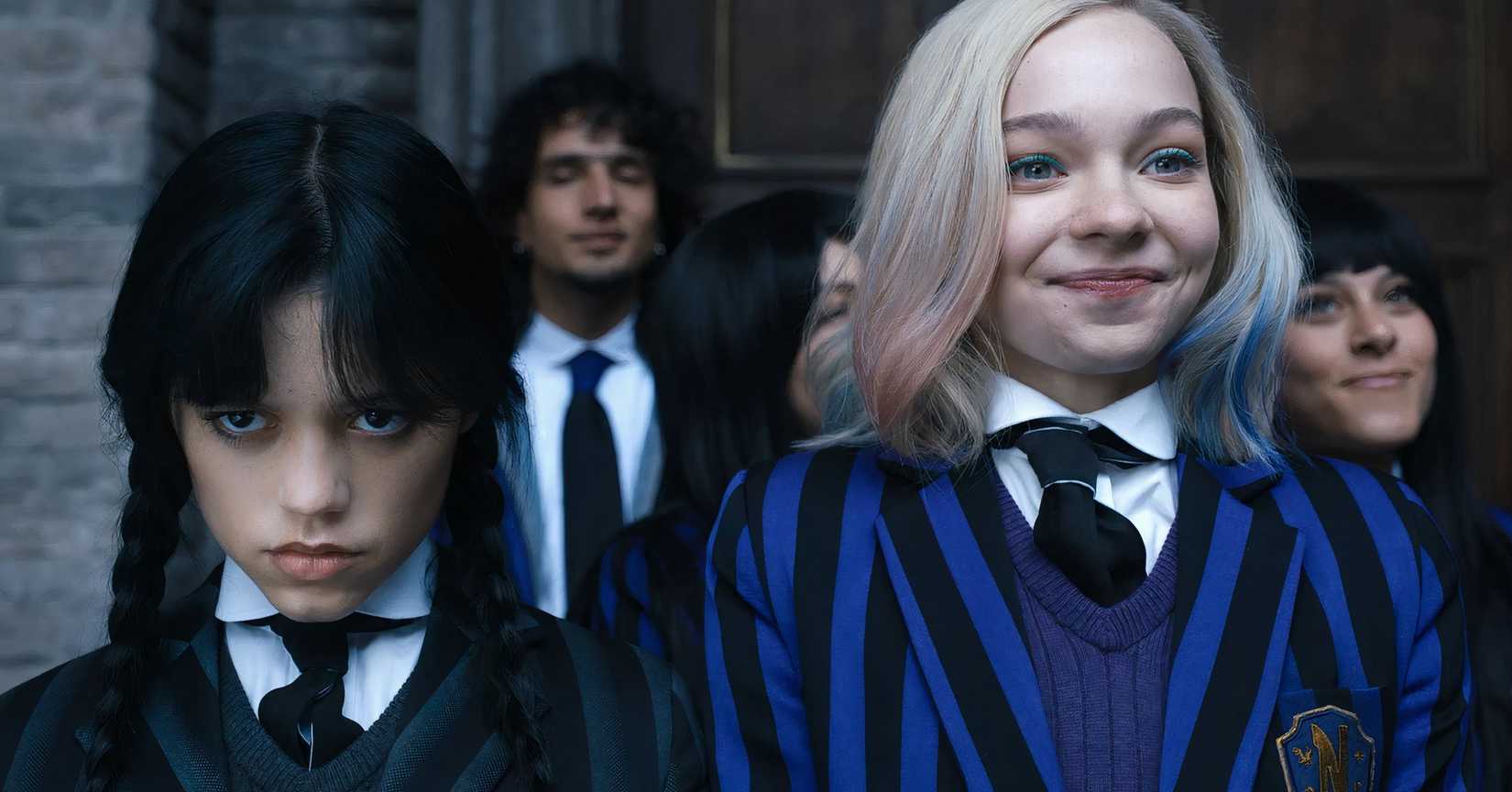 Jenna Ortega as Wednesday Addams and Emma Myers as Enid Sinclair
