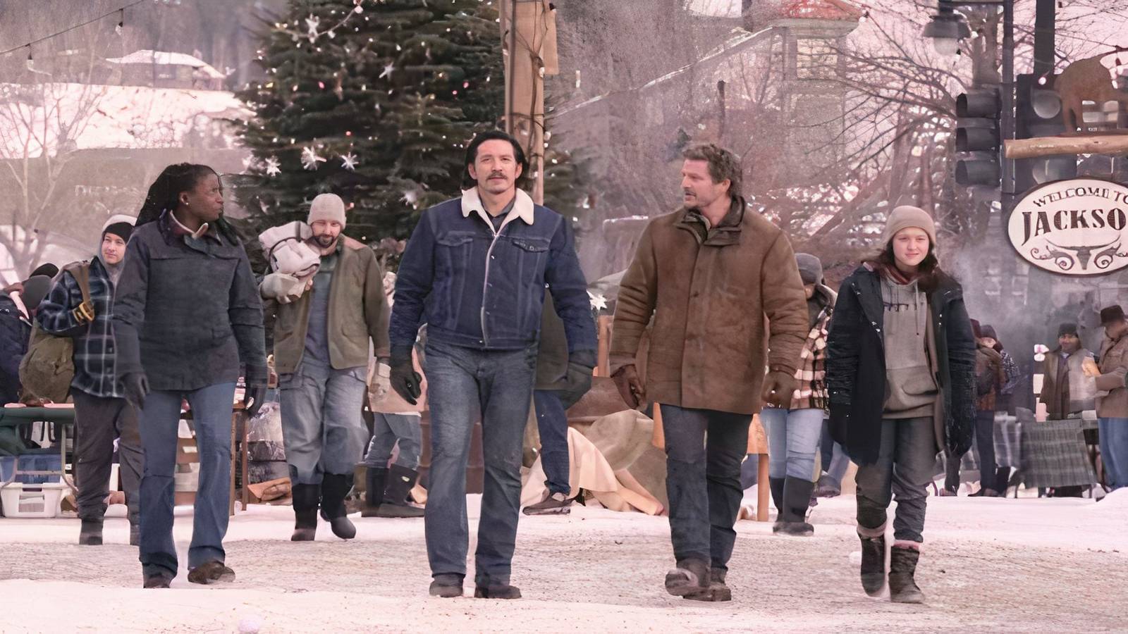 Joel, Ellie, Tommy and Maria walking through Jackson in The Last of Us season 2 